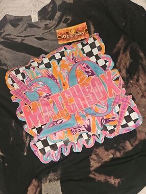 Matchbox Graphic Black Tee with Neon Checker Design BLEACHED TEE